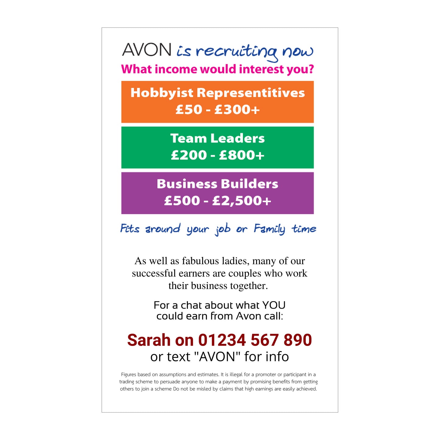 Avon recruitment flyer with salary ranges and contact information
