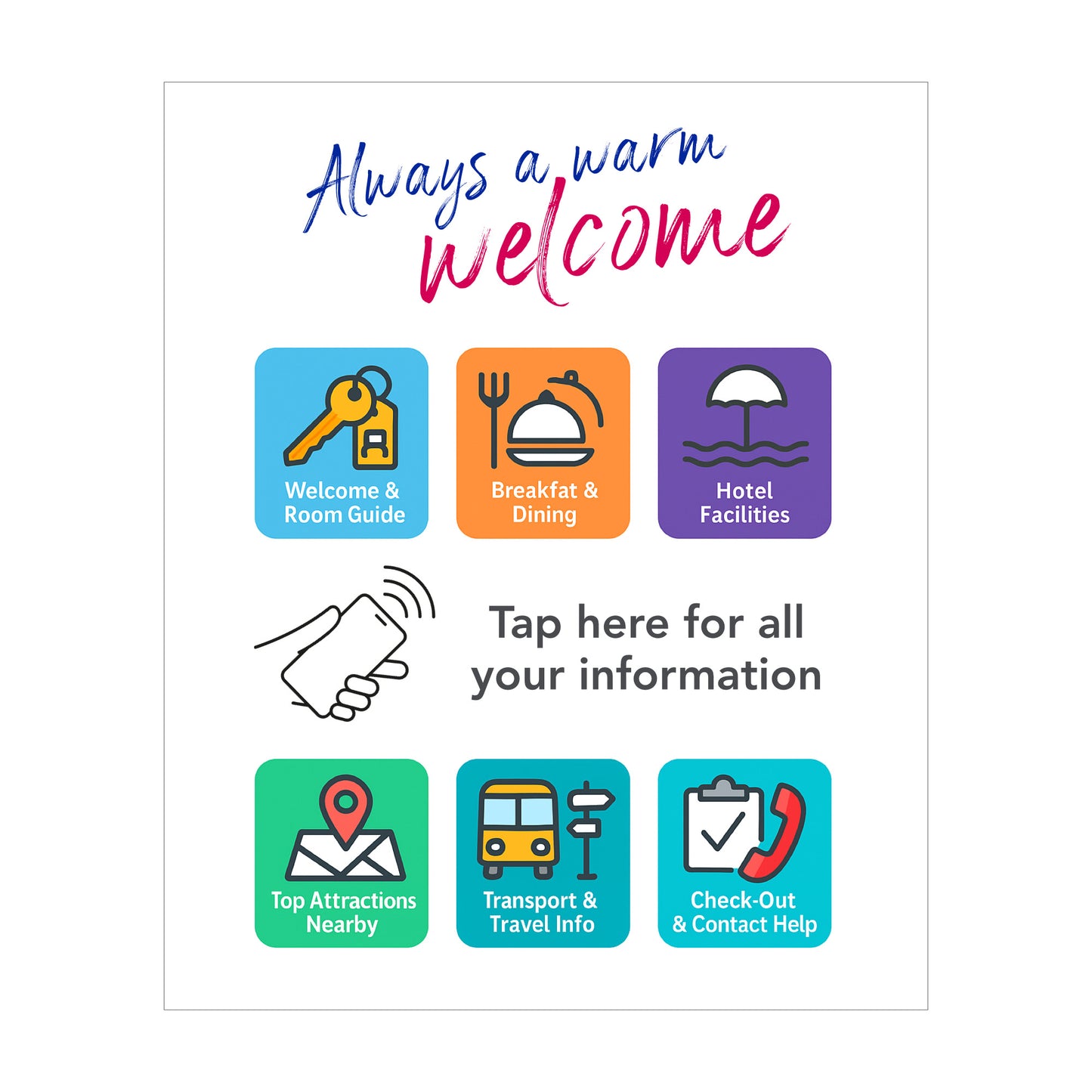 Tap signs with icons and text for a hospitality app with NFC