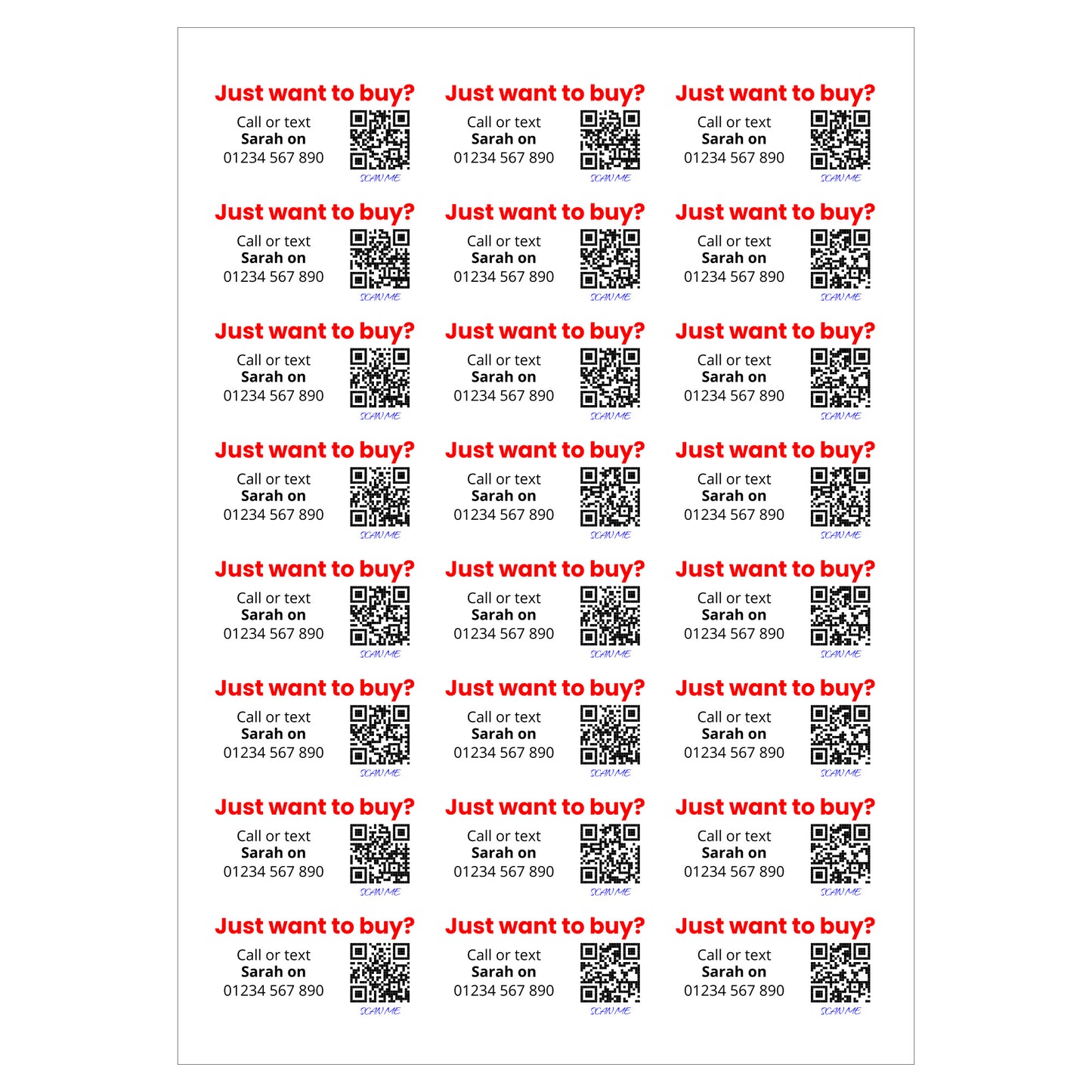 Multiple 'Just want to buy?' text labels with QR codes and contact information