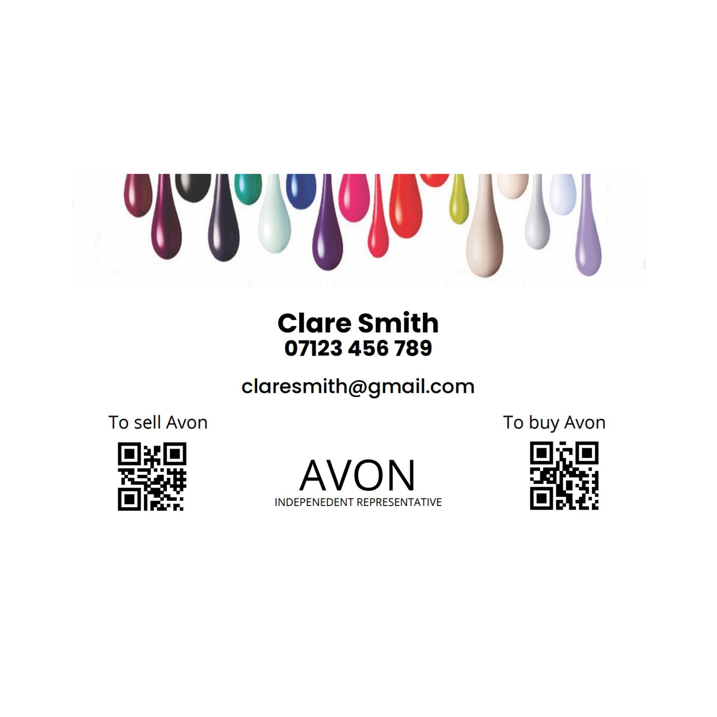 Avon representative business card with colorful droplet design and contact information.