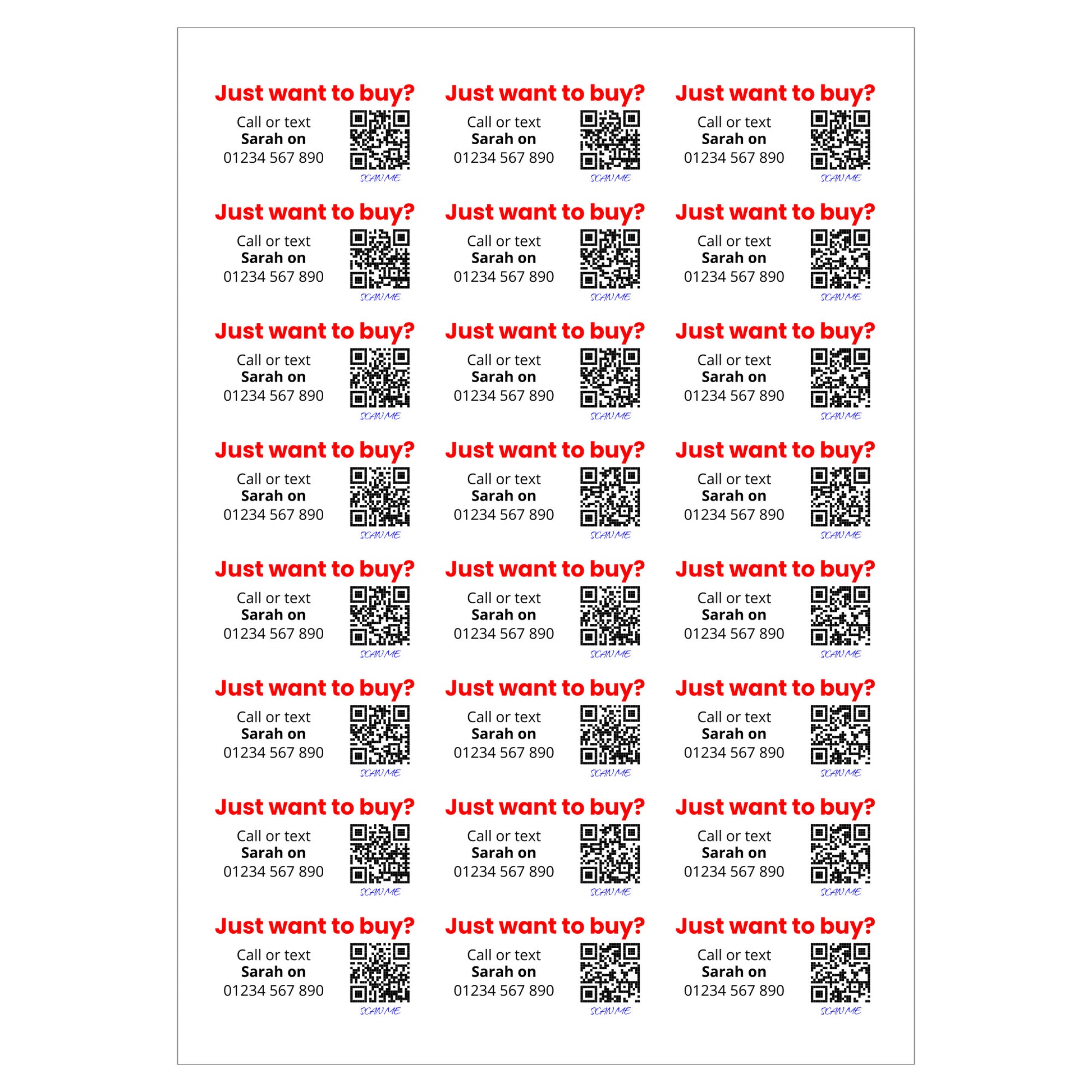 Multiple 'Just want to buy?' text labels with QR codes and contact information
