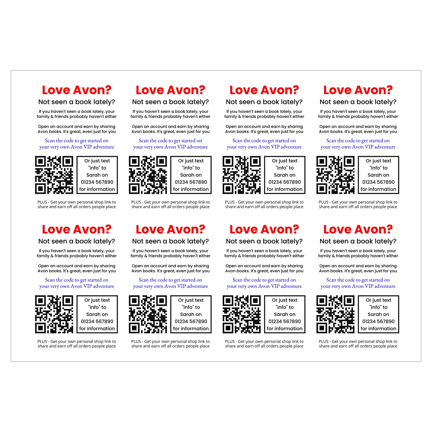 Repetition of a promotional flyer labels for Avon with QR codes and text 