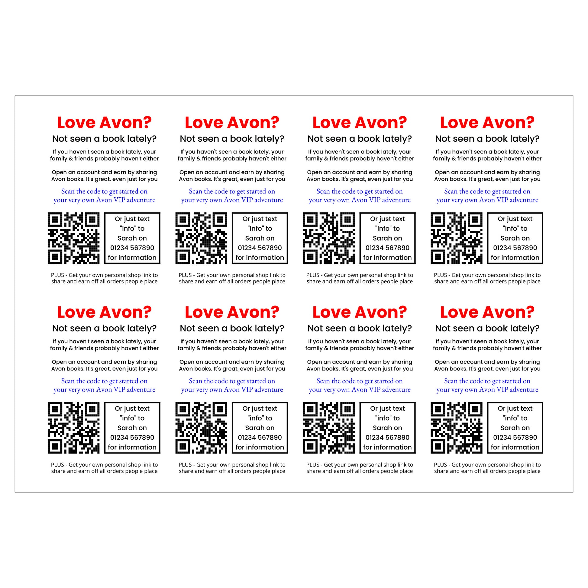 Repetition of a promotional flyer labels for Avon with QR codes and text 